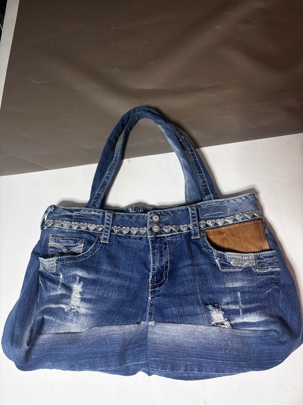 Handmade recycled denim slouchy tote